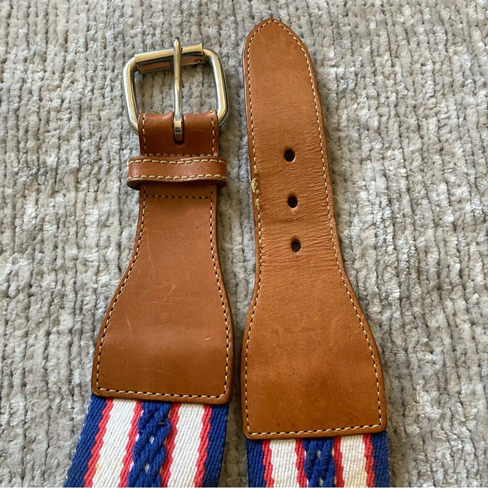 Eddie Bauer Stripe Canvas Leather Belt‎ Large Vintage Americana Red White Blue